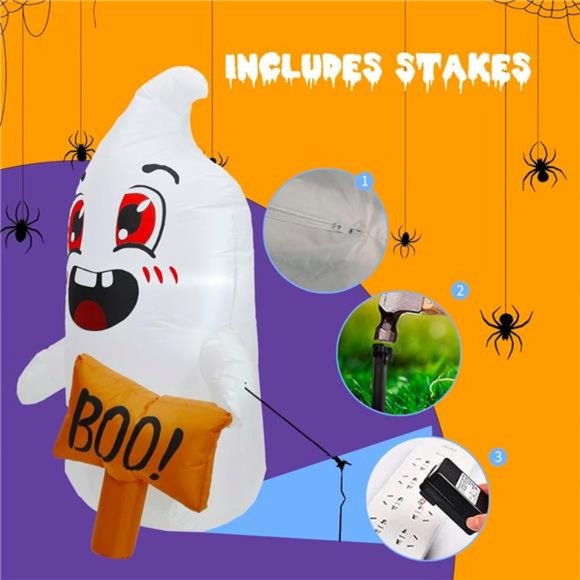 4FT Halloween Inflatable Cute White Ghost with Build-in LED...
